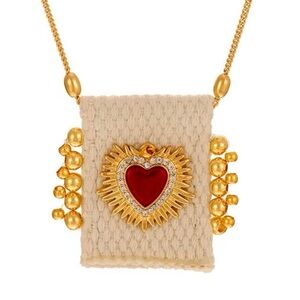 Bursting Sacred Heart of Jesus Immaculate Mary Catholic Ruby Red Fabric Necklace